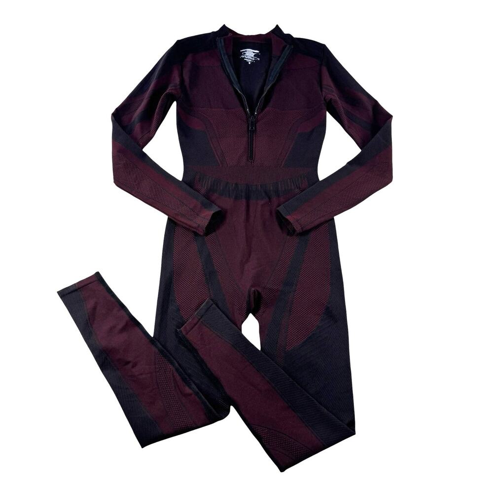 The Giving Movement Zipped Jumpsuit M Burgundy Black Long Sleeve Catsuit Active